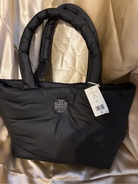 Tory Burch Black Quilted Puffer Tote with Logo Detail